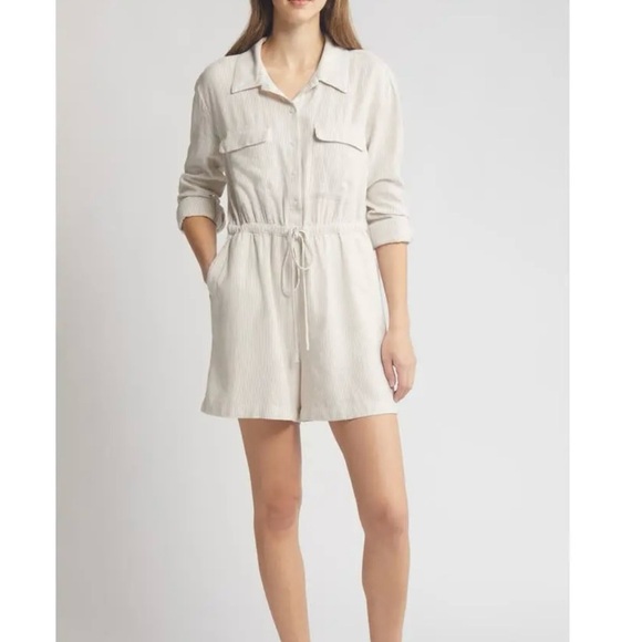 NWT Caslon Stripe Long Sleeve Linen Blend Romper Tan Safari - White Leah Stripe - Picture 1 of 12